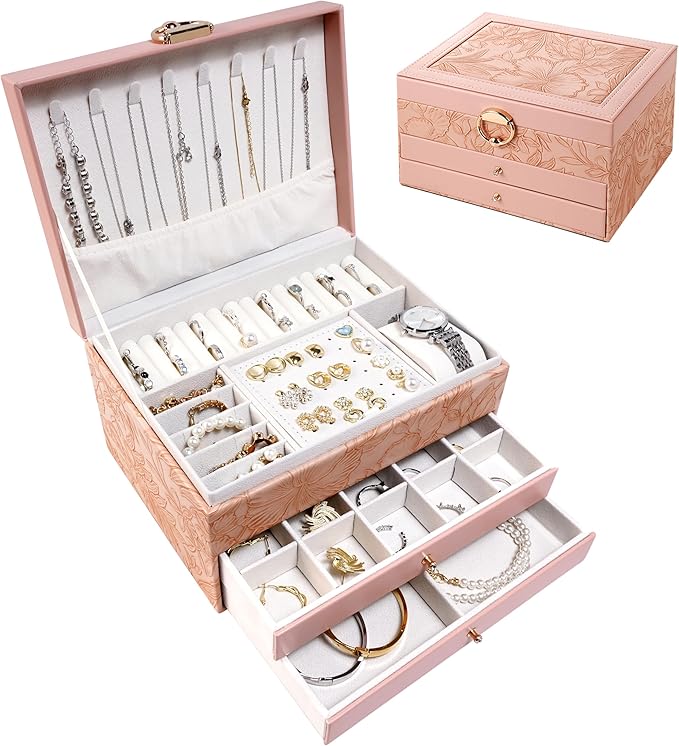 TOFUNTOY Jewelry Organizer Box, Large Jewelry Boxes for Women, 3-Layer Jewelry Holder Organizer for Necklace Earrings Rings B