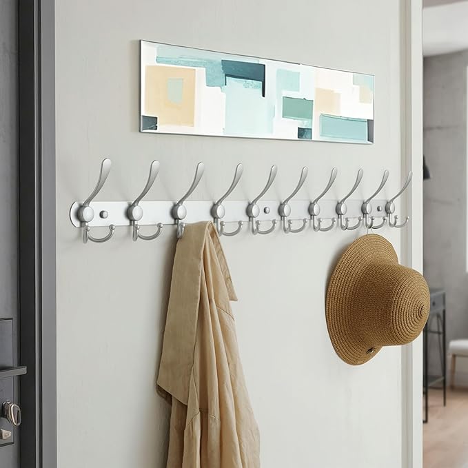 Dseap Coat Rack Wall Mount - 38” Long 10-Tri-Hooks Heavy Duty Coat Hanger Rail Wall Hooks for Hanging Coats Hats Clothing Clo