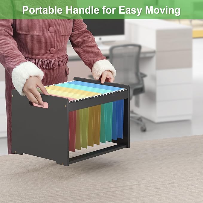 Hanging File Organizer Box for Letter Size, Bamboo File Folder Organizer, Storage Moving Boxes with Handle Wood Desk Filing B