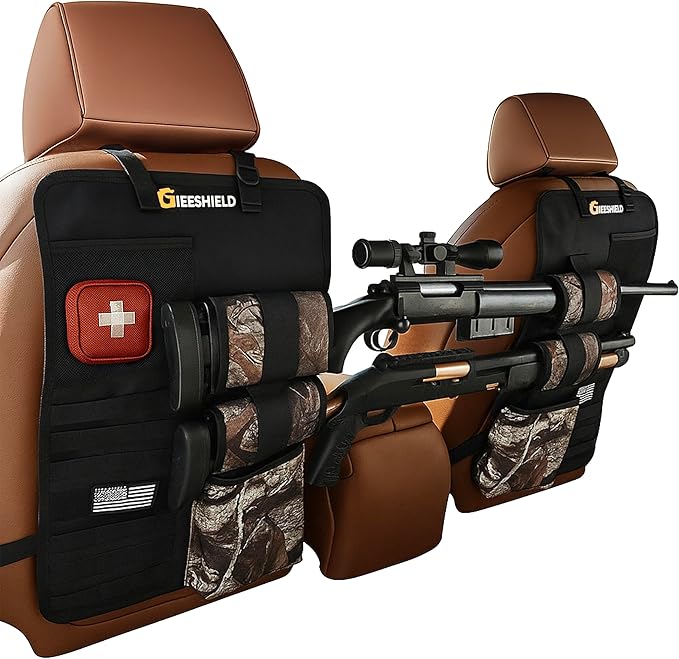 Truck Gun Rack（Set of 2）, Seat Back Gun Rack with Adjustable Straps, 600D Oxford Cloth, Universal Rifle Holder, PVC Coated, Secure Storage Pockets for Hunting Gear, Easy to Install Vehicle Gun Rack