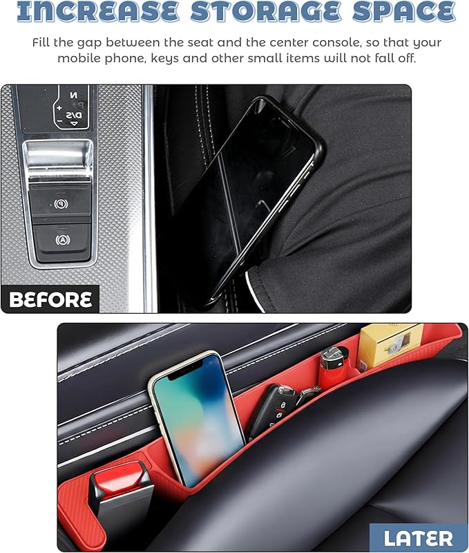 2PCS Car Seat Gap Filler,Car Accessories Car Organizer,Cars Seat Gap Filler Organizer with 2 Storage Areas,Used for Phone,Wallets,Keys,Eyeglasses,Fit for Most Cars,Trucks,SUVs (Red)