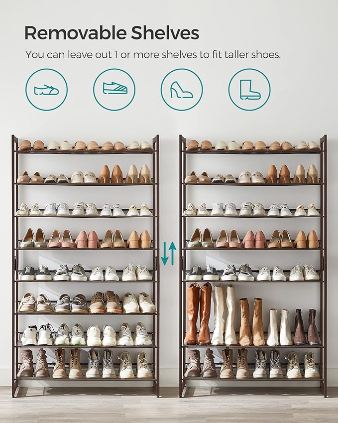SONGMICS Shoe Rack, 8-Tier Shoe Organizer, Metal Rack for Garage, Set of 2, 4-Tier Stackable Shelf, with Adjustable Flat or A