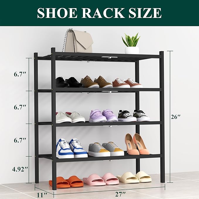 Smiry Shoe Rack, 4 Tier Thick Bamboo Shoe Organizer, Stackable Free Standing Wooden Shoe Storage Shelf for Closet, Entryway, 
