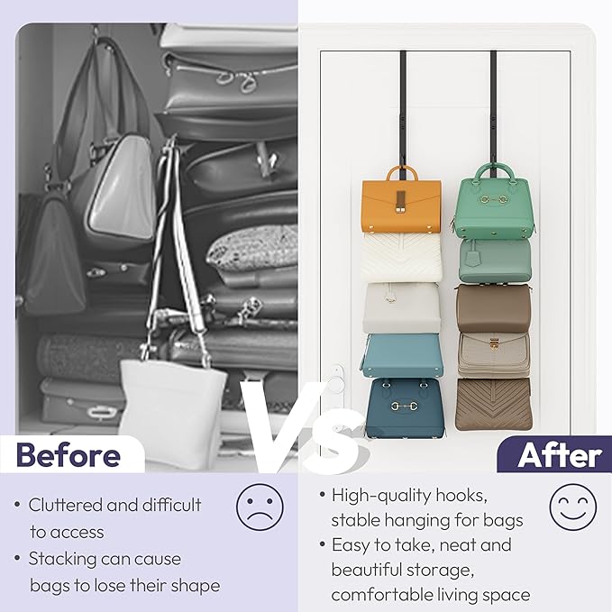 SWTYMIKI Over the Door Purse Organizer - 2 Packs Wall Mounted Purse Rack with 5 Hooks Design, Hanging Handbag Organizer Stora