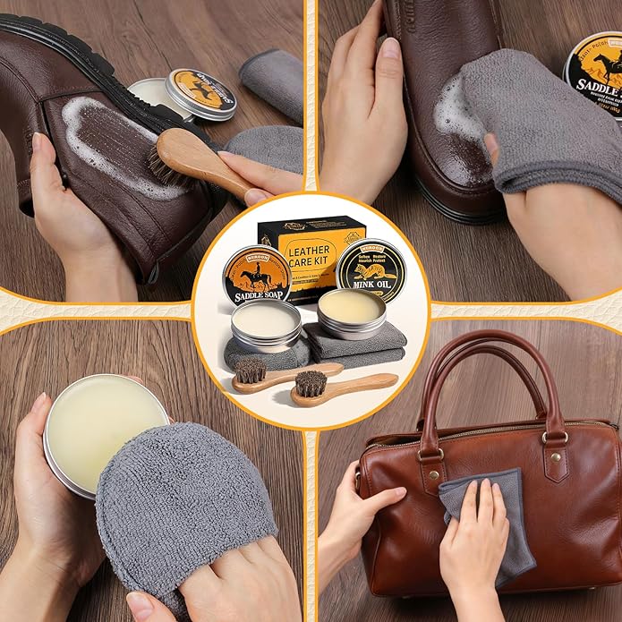 7 Pcs Leather Cleaner Boots Shoes Care Kit-3.52oz Saddle Soap for Leather Items Cleaning, 3.52oz Mink Oil for Shoes Polishing