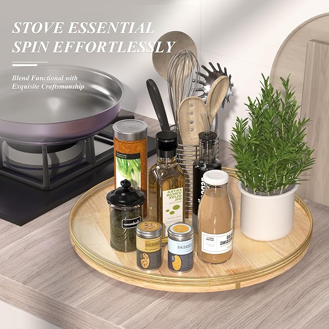 21-Inch Wooden Lazy Susan Turntable – Premium Oak & Iron, Extra Large Rotating Serving Tray for Dining Table, Kitchen Counter
