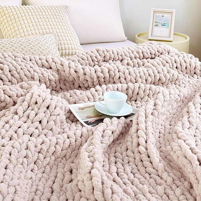 Admitrack Chunky Knit Blanket Throw, 100% Hand Knit Chenille Throw Blanket for Sofa & Home Decor, Soft and Cozy Knitted Throw