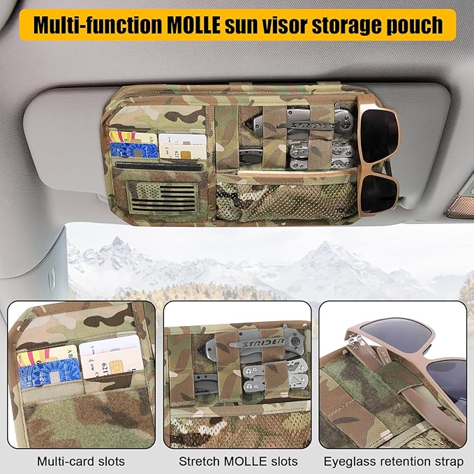 Car Sun Visor Organizer, Tactical Sunvisor Organizers Storage Covers for Trucks, Molle Panel with Pockets Zipper Visor Storage Pouch Accessories, Fits Most Vehicles, SUVs & Jeeps (MC)