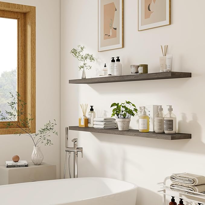 Vivelove Elm Wood Floating Shelves, Wooden Shelves for Wall with Invisible Bracket for Living Room Bedroom Bathroom Office Bo