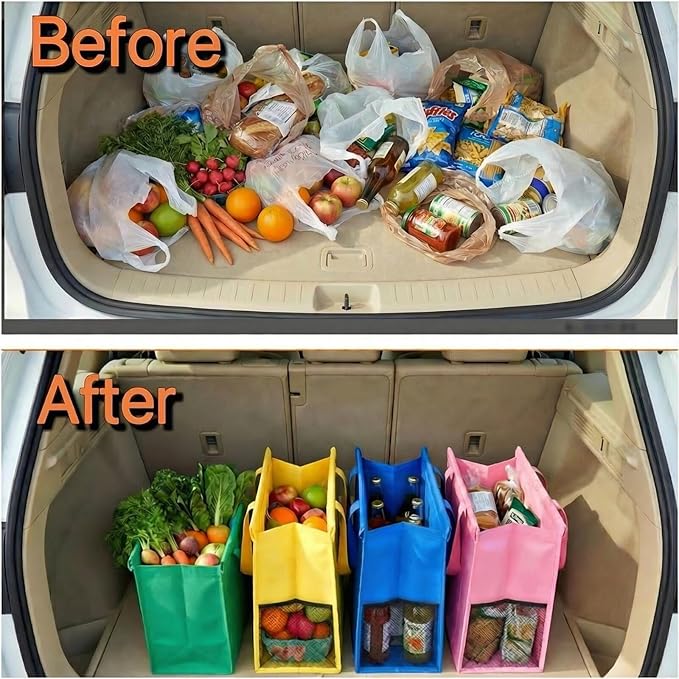 Shopping Cart Bags for Groceries, 4-Pack Collapsible Reusable Grocery Cart Bags with Sturdy Carry Handles + 1 Insulated Bag, 