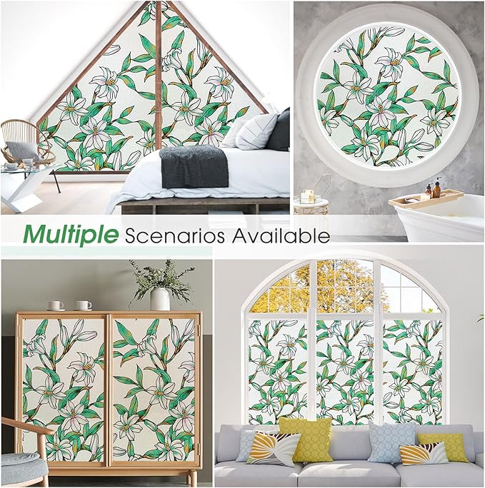 Coavas Static Cling Privacy Window Film, 96% UV & Heat Blocking, Stained Glass Window Film Floral Design, Non-Adhesive, for Bathroom, Front Door, Shower Enclosure‌ (Vinyl, 17.5" X 78.7 ")