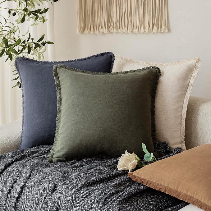 Foindtower Set of 2 Decorative Linen Fringe Throw Pillow Covers Cozy Farmhouse Cushion Cover with Tassels Accent Pillowcase f
