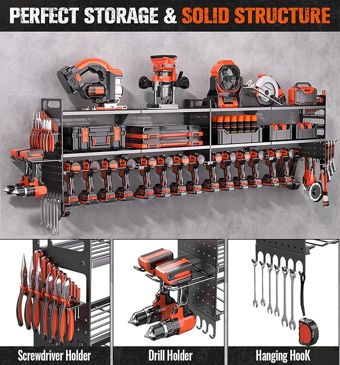 2-Pack Large Power Tool Organizer Wall Mount,Heavy Duty Cordless Tool Organizer with 18 Drill Holder,600 Lbs Capacity 3-Layer