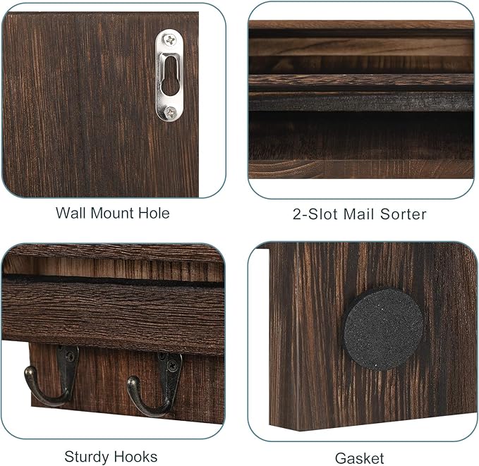 BTY Mail Holder for Wall, Wooden Mail Sorter with 4 Key Hooks, 2 Slot Wall Mounted Mail Sorter Letter Bills Newspaper Magazin