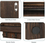 BTY Mail Holder for Wall, Wooden Mail Sorter with 4 Key Hooks, 2 Slot Wall Mounted Mail Sorter Letter Bills Newspaper Magazin