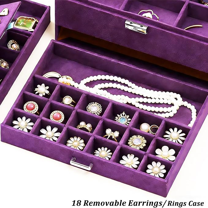 QBestry 3-Layer Jewelry Box for Women with Lock and Key & Drawer, Large Jewelry Organizer with 8 Necklace Hooks & 56 Earring 