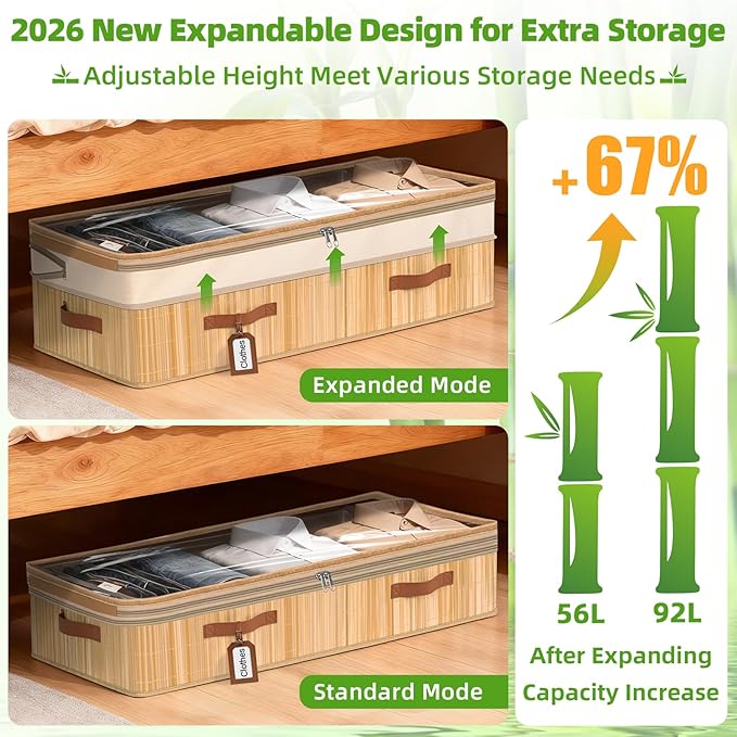 Livole Bamboo Under Bed Storage, 6-10 inches Height Adjustable Underbed Storage Containers, 92L XXXL Large Under Bed Storage 