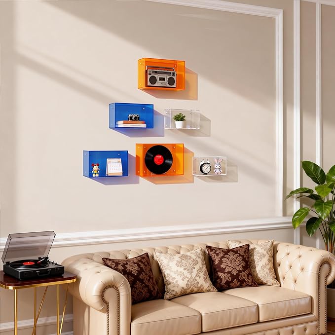 Acrylic Floating Shelves for Wall, Wall Mounted Cube Shelf for Bedroom Living Room Bathroom Hanging Shelf for Storage (Colore