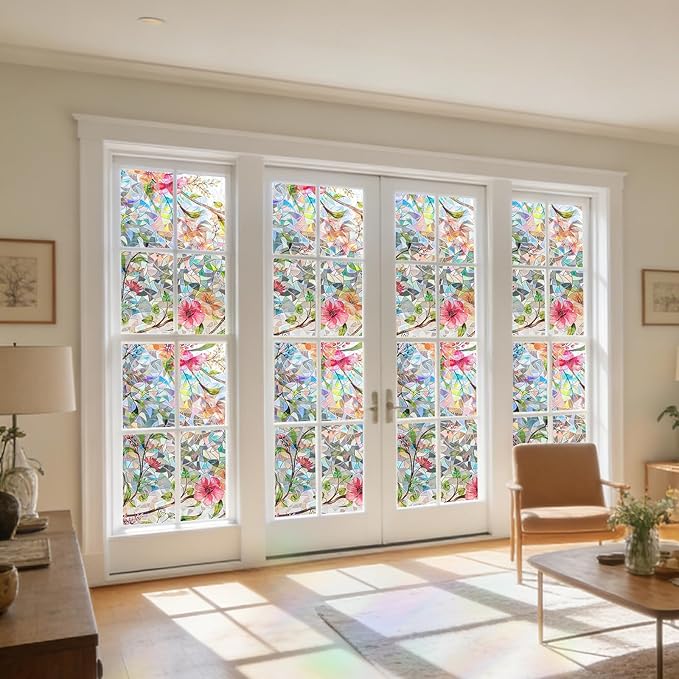 Hilarious Stained Glass Window Film Rainbow Floral Static Cling Window Film Flower Window Privacy Film No Glue Decorative Window Cling UV Blocking Heat Control Glass Windows Stickers, 35.4''x78.7''