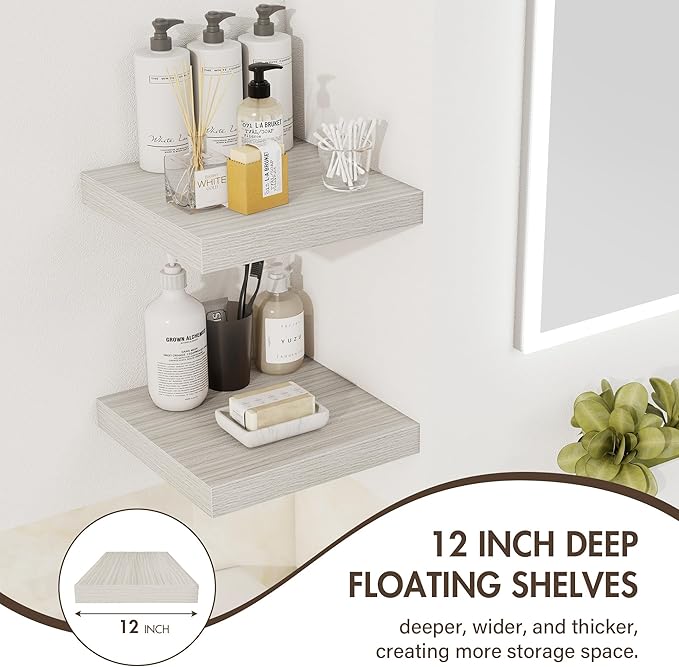 12 Inch Floating Shelves, 12" Deep Floating Shelf Wall Mounted, 12" Wall Shelves, Rustic Deep Bookshelf, Extra Deeper Display