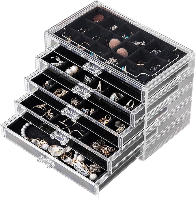 Frebeauty Acrylic Jewelry Organizer Earring Organizer Box with 5 Drawers Earring Holder Organizer with Velvet Trays Clear Jew