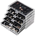 Frebeauty Acrylic Jewelry Organizer Earring Organizer Box with 5 Drawers Earring Holder Organizer with Velvet Trays Clear Jew