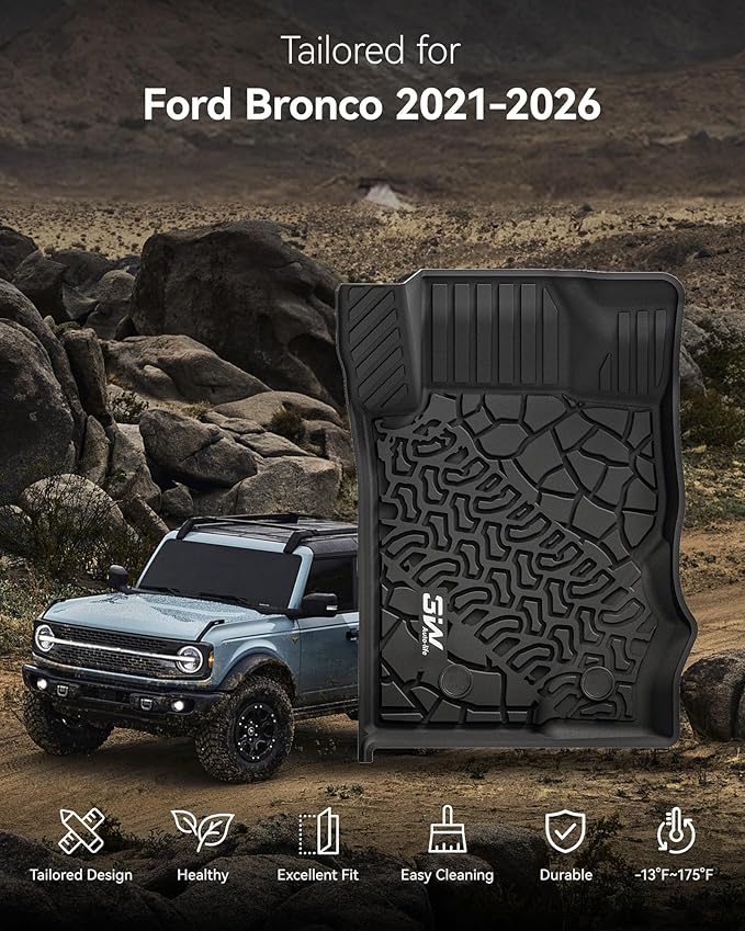 3W Ford Bronco Floor Mats & Cargo Liner & Back Seat Cover Custom Fit for 2021 2022 2023 2024 2025 Bronco 4 Door All Weather Custom Fit Ford Bronco Accessories (Not for Sport & Rubberized Floor)