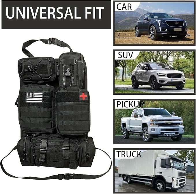 6 Pack Tactical Molle Car Seat Back Organizer Tactical Vehicle Panel with 5 Detachable Molle Pouch for Car Truck Ford Jeep Vehicle,US Patch Automotive Organizer For Man (5 Pouches)