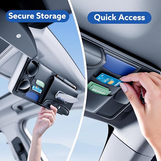 Leather Car Visor Organizer with Tissue Holder, Card Holder and Sunglasses Clip