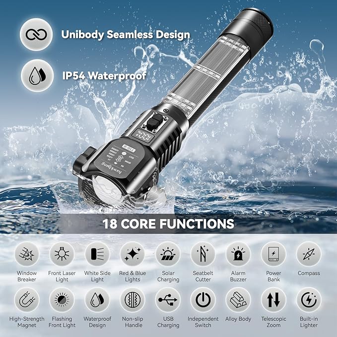 18-in-1 Solar/USB Rechargeable Car Emergency Flashlight Tool - Auto Safety Hammer Glass Breaker, Seatbelt Cutter, Flameless F
