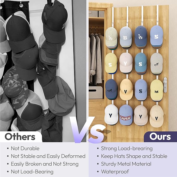 SWTYMIKI Over Door Hat Organizer - 4 Packs Metal Hanging Hat Rack with 16 Hooks Design, Baseball Cap Hanger Organizer Storage