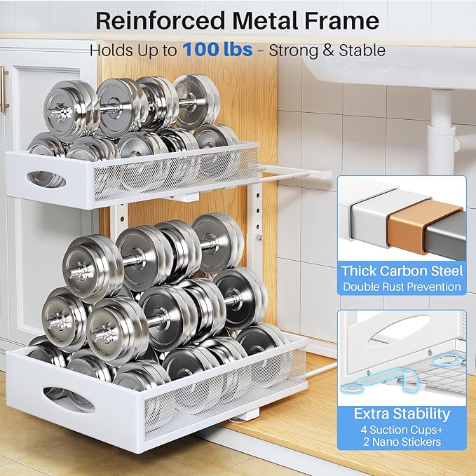 Under Sink Organizer, 2 Pack 2 Tier Pull Out Under Cabinet Organizer Shelf with Pad for Framed Cabinets, Metal Slide Out Unde