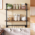 2 Tier Industrial Pipe Shelving, 24" Kitchen Shelves Wall Mounted with 6 Hooks, Coffee Bar Shelves Display Bookshelf Wall She