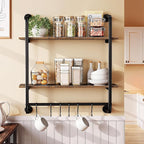 2 Tier Industrial Pipe Shelving, 24" Kitchen Shelves Wall Mounted with 6 Hooks, Coffee Bar Shelves Display Bookshelf Wall She