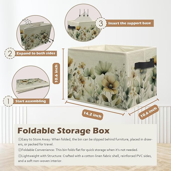 Rustic Floral Storage Box Bins, Sage Green Beige Cottagecore Wildflower Collapsible Storage Basket Organizer for Bedroom Nurs