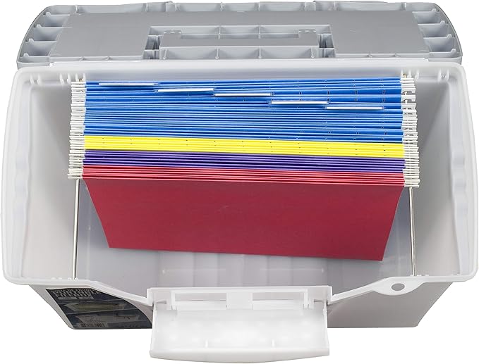 Storex Portable File Box with Organizer Lid, 17.13 x 9.63 x 11 Inches, Frosted/Silver (STX61511U01C)
