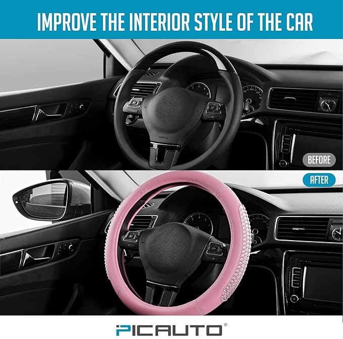 PIC AUTO Steering Wheel Cover, Glitter Gel Particles & Pink Luxury Leather Car Steering Cover, Universal Fit 14.5"-15.5" Anti