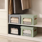Large Storage Bins Boxes with Lids Clear Window Zipper Closure Decorative Cotton Linen Fabric Baskets with PU Leather Handles
