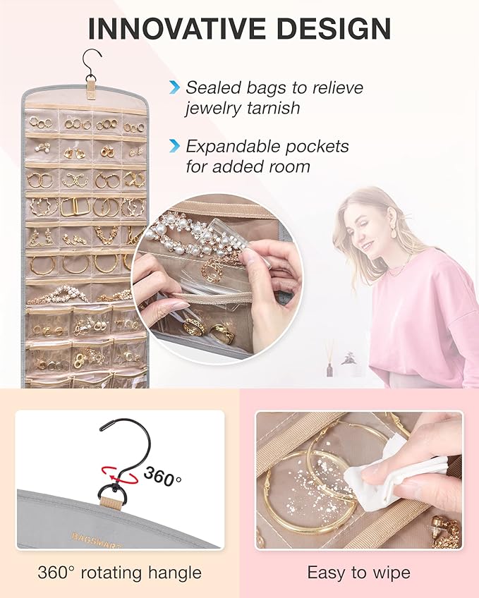 BAGSMART Hanging Jewelry Organizer, Necklace Holder Anti-tangle Earrings Rings Hanger with 20 Jewelry Bags Travel Storage Rol