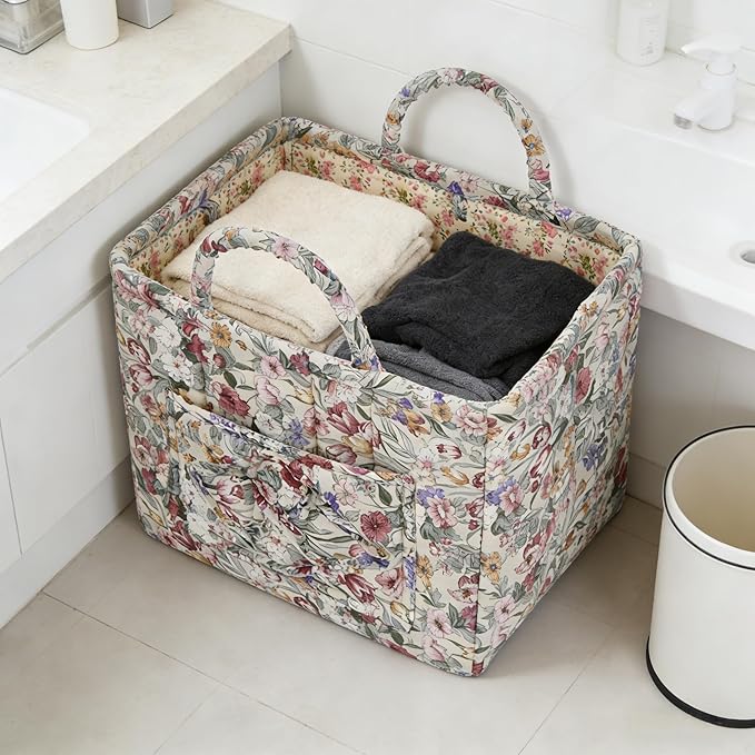 Quilted Laundry Basket with Handles - Multi-Purpose Fabric Storage Basket，Boho Fabric Storage Baskets with Handles for Car, H
