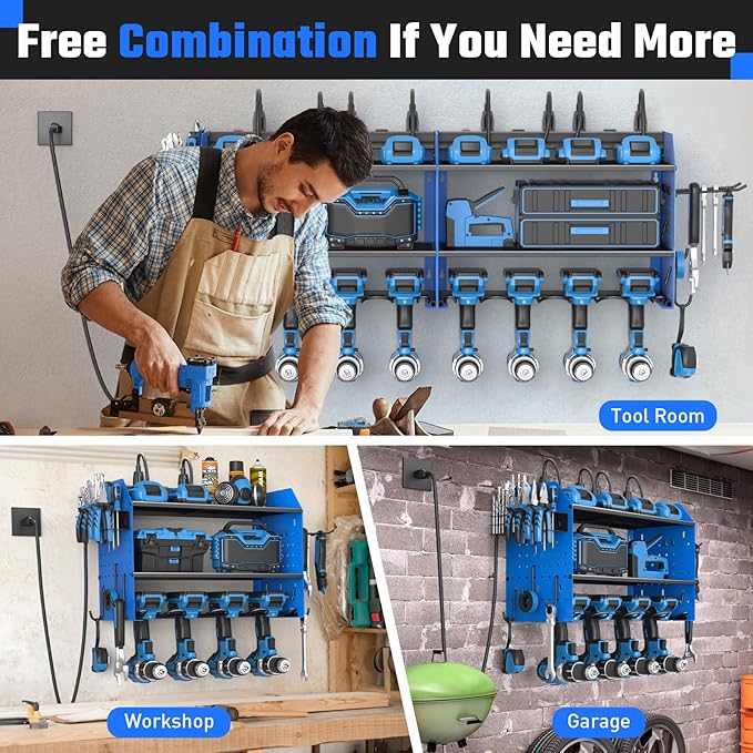 ZESEN Power Tool Organizer with Charging Station, Heavy Duty 4 Layer Drill Holder Wall Mount Garage Shelf Rack with 6 Outlet 