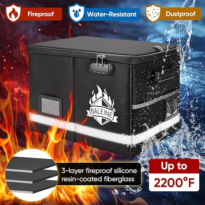 BALEINE Fireproof Document Box with Lock, Portable Fireproof Document Bag Waterproof Fire Proof File Boxes for Documents, Fil