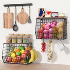 Wawocs Fruit Basket for Kitchen Counter 2 Tier Fruit Bowl, Stackable Wall Mounted Hanging Fruit Basket Wire Baskets with Wood