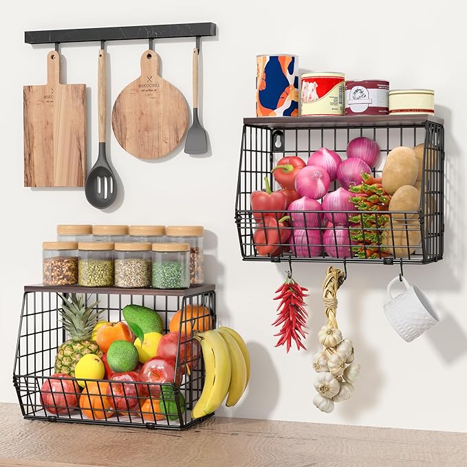 Wawocs Fruit Basket for Kitchen Counter 2 Tier Fruit Bowl, Stackable Wall Mounted Hanging Fruit Basket Wire Baskets with Wood
