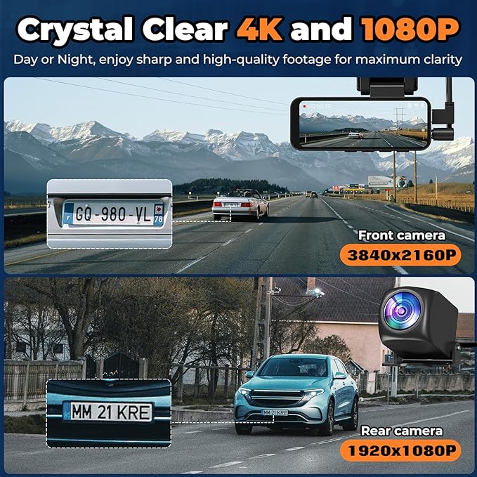 Dashcam Front and Rear Camera, 4K+1080P Dash Camera for Cars, 64GB Card Included, 3.2" IPS Screen, HDR Night Vision, G-Sensor