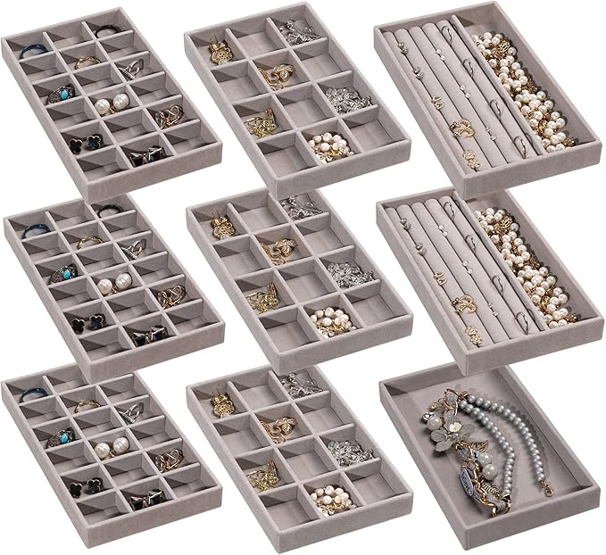 Frebeauty Jewelry Organizer Tray,Stackable Velvet Jewelry Trays,Drawer Inserts Earring Organizer For Women Jewelry Storage Di