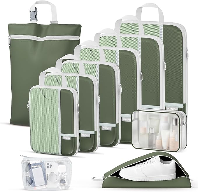 Percover Compression Packing Cubes 10-Piece Set, Packing Cubes Compression for Travel with Toiletry Bag, Laundry Bag & Shoe B