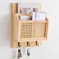 Rattan Mail and Key Holder Wall Mounted, Wood Magazine Mail Sorter Rack Wall Organizer with 2 Slots 3 Hooks for Coat, Dog Lea