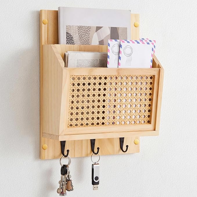 Rattan Mail and Key Holder Wall Mounted, Wood Magazine Mail Sorter Rack Wall Organizer with 2 Slots 3 Hooks for Coat, Dog Lea