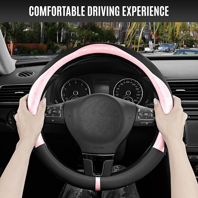 PIC AUTO Steering Wheel Cover, Pink Patterned & Black Leather Patchwork Design, Universal Fit 14.5"–15.5", Anti-Slip, Odor-Fr